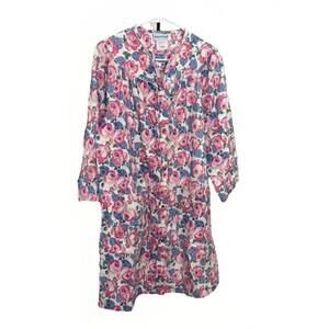 Smart Time Floral Cotton Housecoat Robe Pink Blue Button Front Women’s Medium
